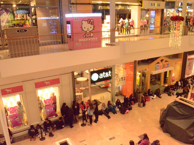 A line of shoppers forms down the hall as they wait to shop in PINK