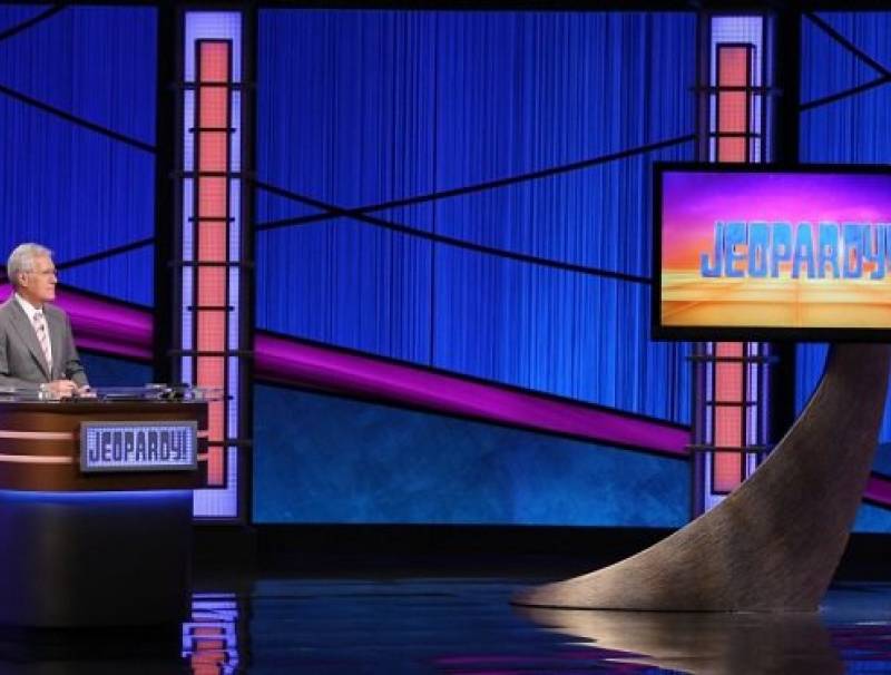 Alex Trebek on the set of Jeopardy!