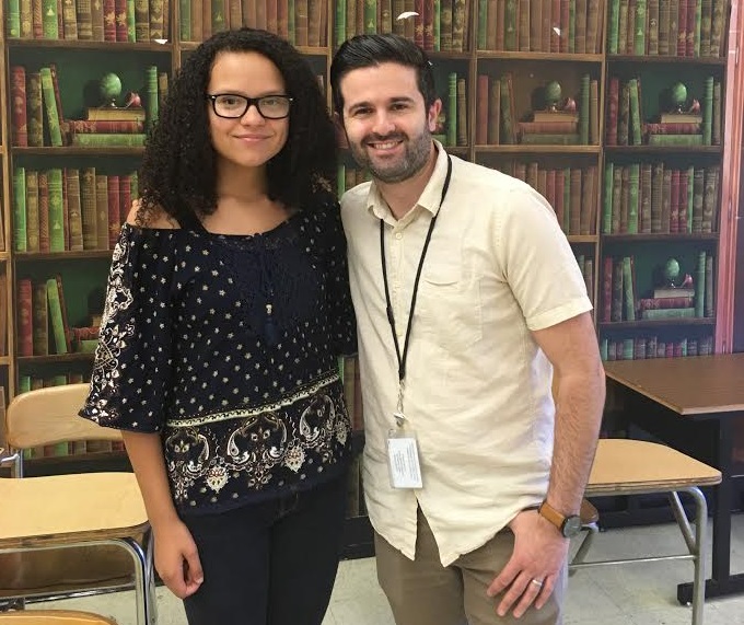 Photo: Maroon and Gray L to R: Laura Serrano (NHS sophomore), Michael Gurrieri (teacher & director of play)