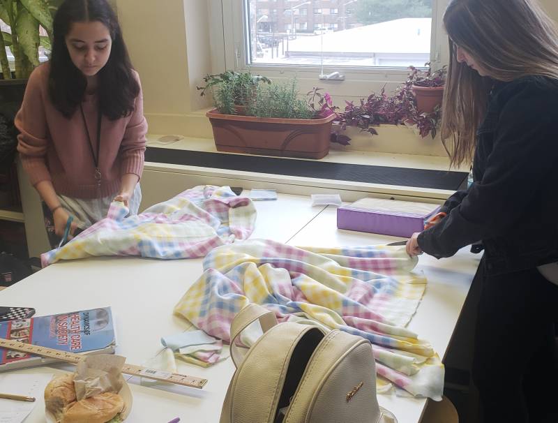 NHS students creating blankets 