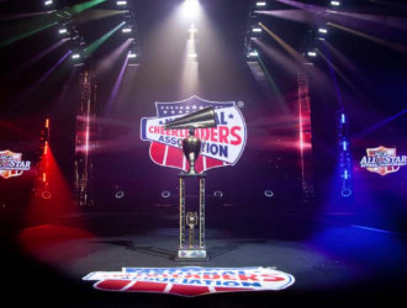 This is an image of the back drop of the NCA competition and an image of the award the cheerleaders will get if they win.