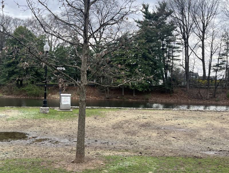 The image showcases Nutley's Memorial Park, showcasing patches where the new grass is starting to grow. 